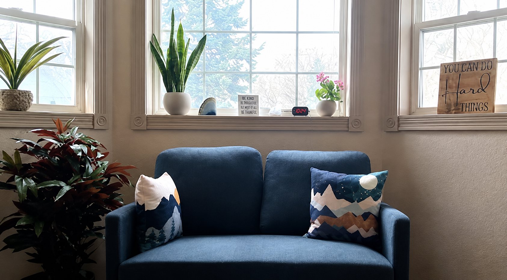 The therapy room: a blue couch by a window with plants on the sill