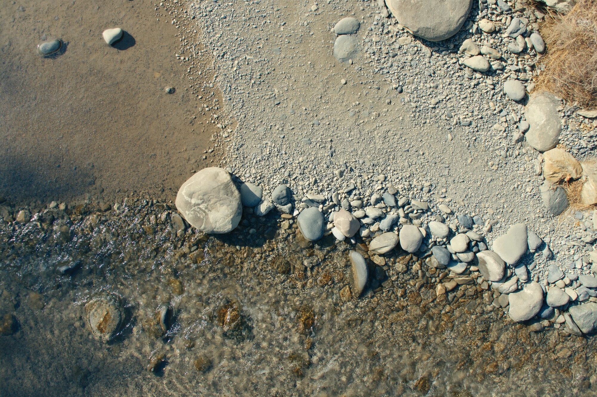 Smooth river stones along the water's edge
